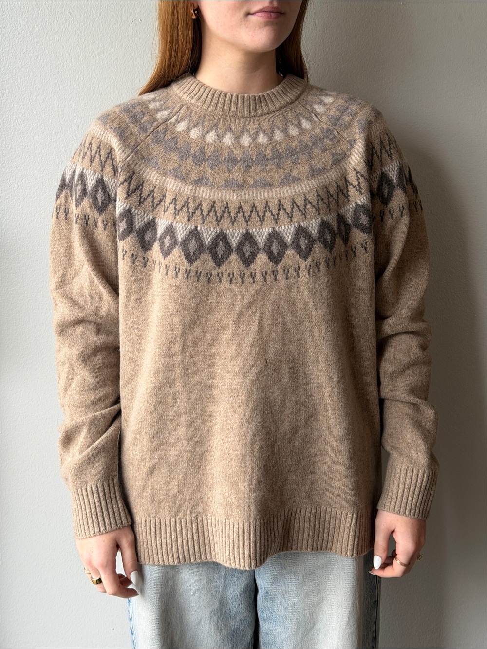 Taylor Stitch Fair Isle Crewneck Sweater in Tan 100% Merino Wool